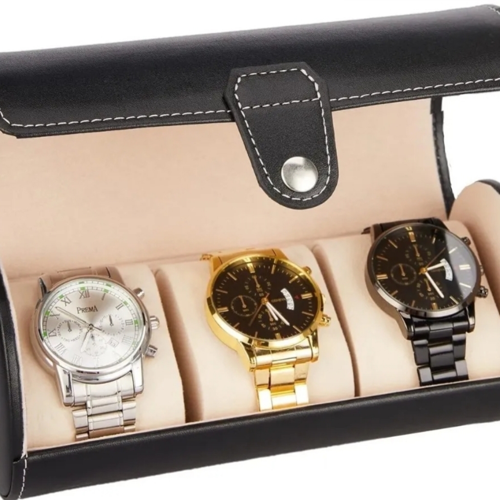 Vegan Leather Watch Case 3Slot Watch Roll Travel Storage Organizer